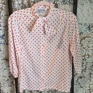VINTAGE 60s White Blouse with Red Mini Mouse Style Polka Dots & Bow Neck